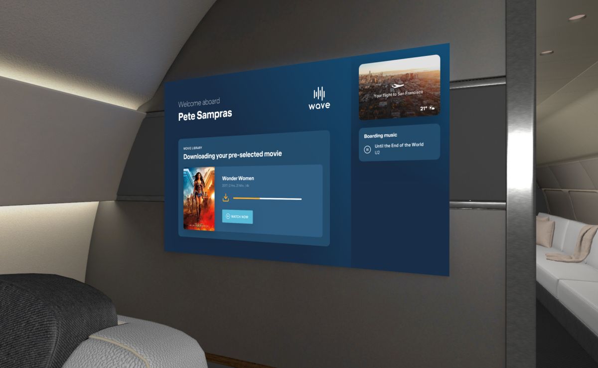 Ein Bildschirm in einer Flugzeugkabine, auf dem ein modernes User-Interface zu sehen ist.